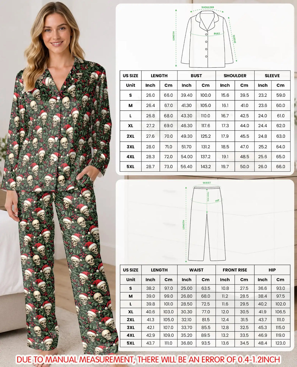 Gothic Christmas Skull Pajama Set for Women – Holly Berry Print