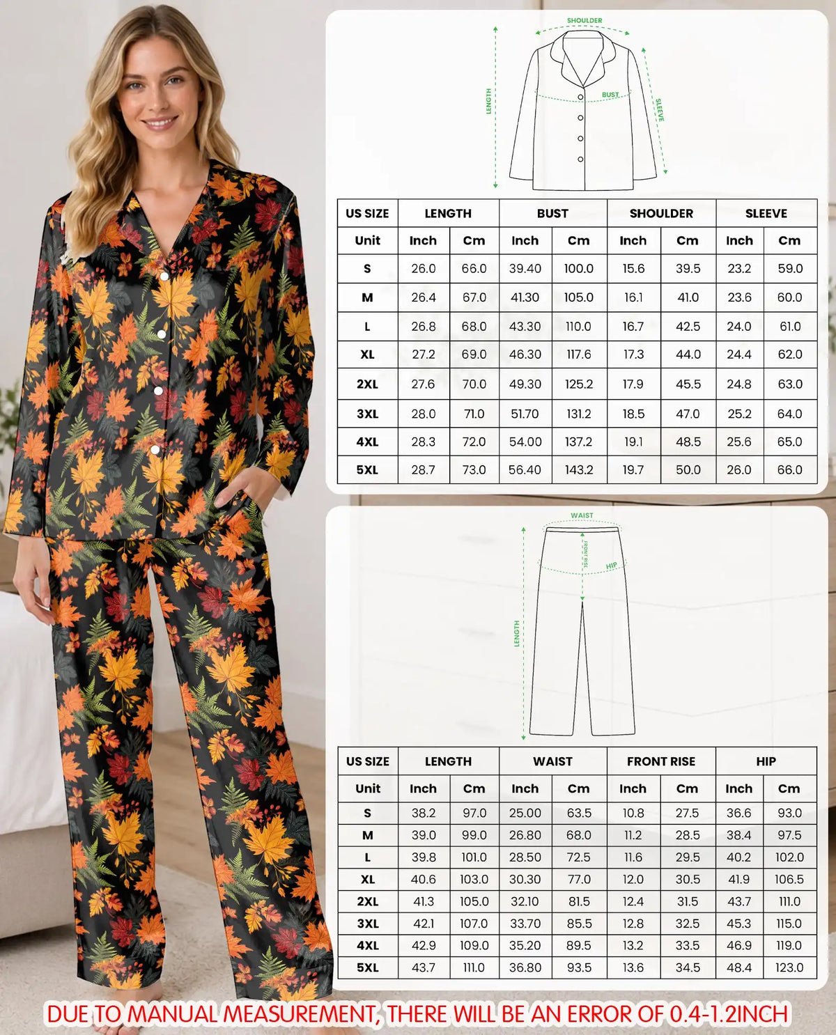 Autumn Leaf Pajama Set for Women, Cozy Fall Thanksgiving Sleepwear