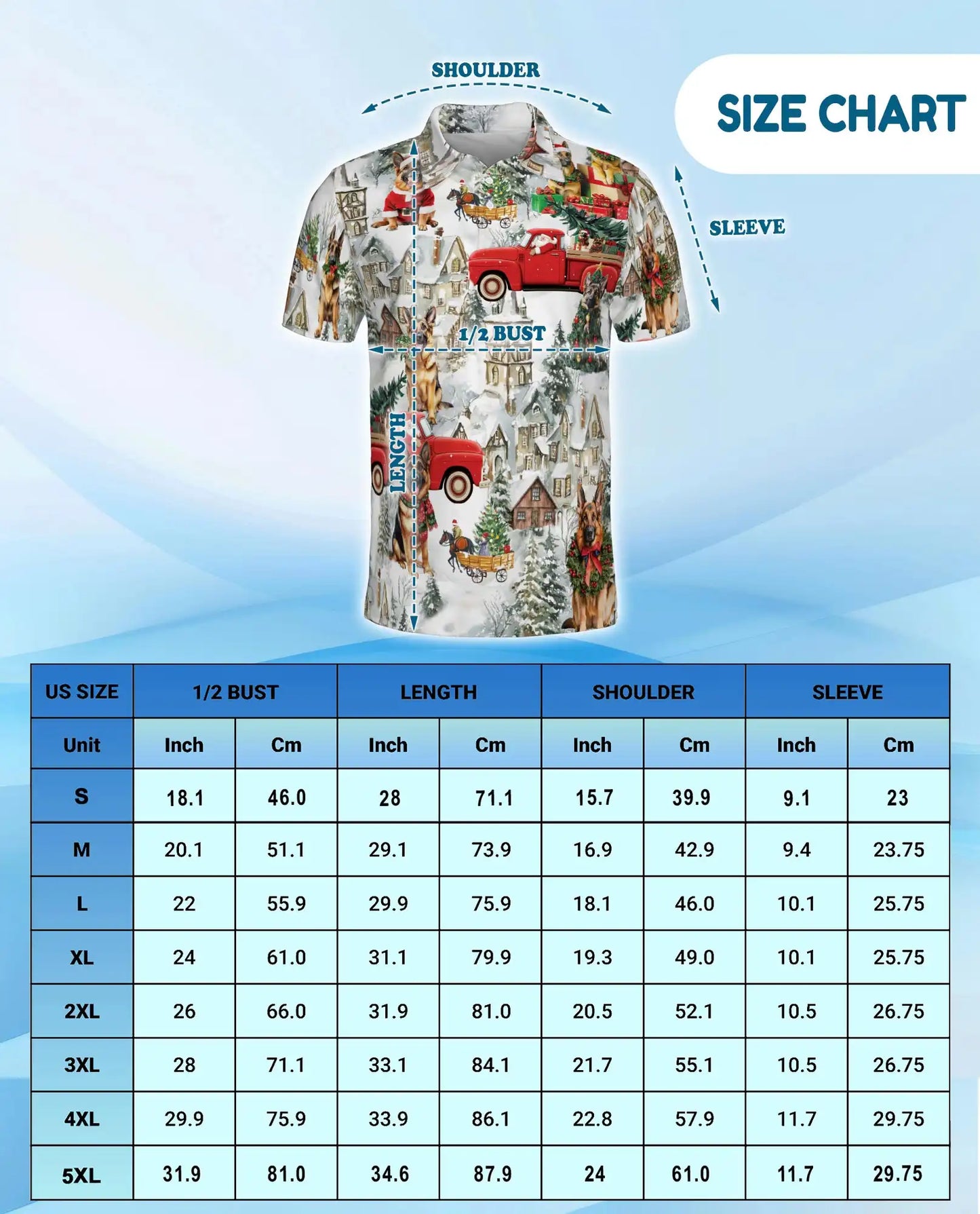 German Shepherd Christmas Polo Shirt, Winter Village Print | Azhawaiian
