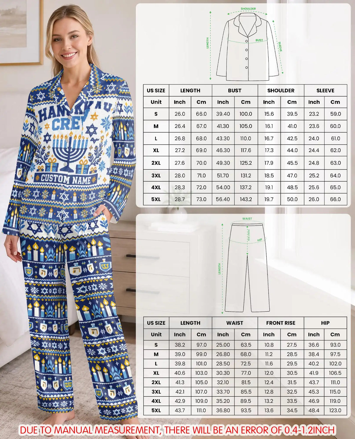 Personalized Hanukkah Crew Pajama Set for Women – Custom Name Navy Blue Menorah Print