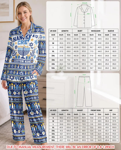 Personalized Hanukkah Crew Pajama Set for Women – Custom Name Navy Blue Menorah Print