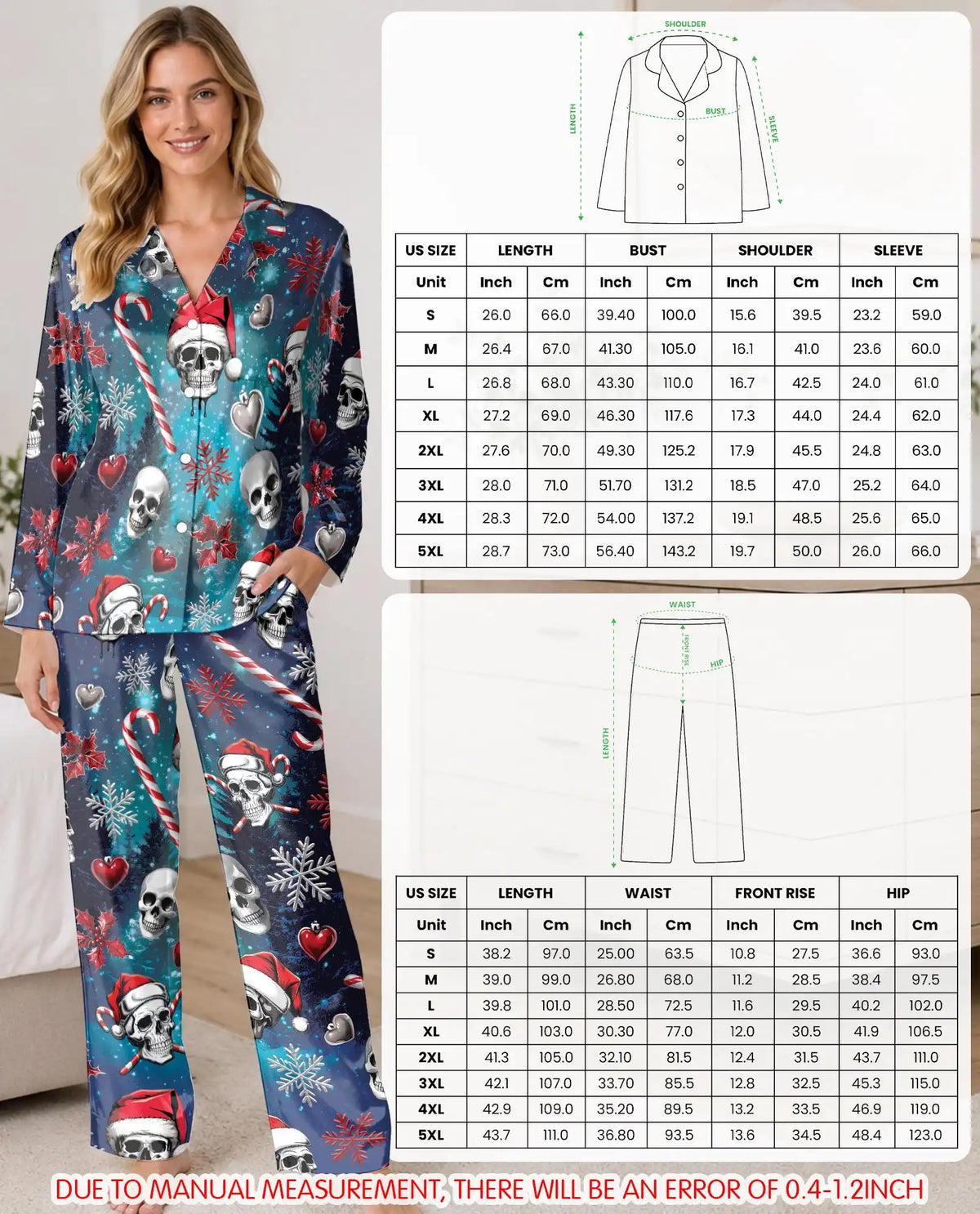 Gothic Christmas Skull Pajama Set for Women – Santa Hat Print