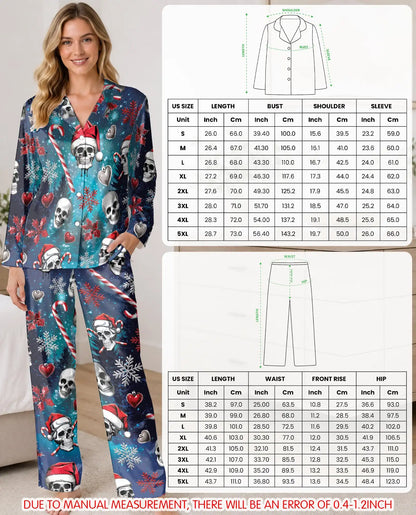 Gothic Christmas Skull Pajama Set for Women – Santa Hat Print