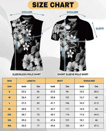 Black And White Hibiscus Sleeveless Polo Shirt for Women, Tropical Floral Style | Azhawaiian