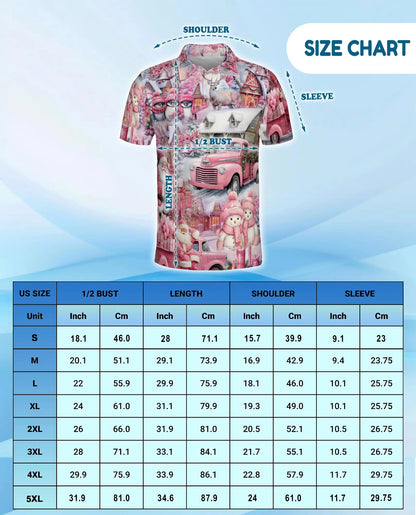 Pink Christmas Truck 3D Polo Shirt for Men, Santa Winter Village Style | Azhawaiian