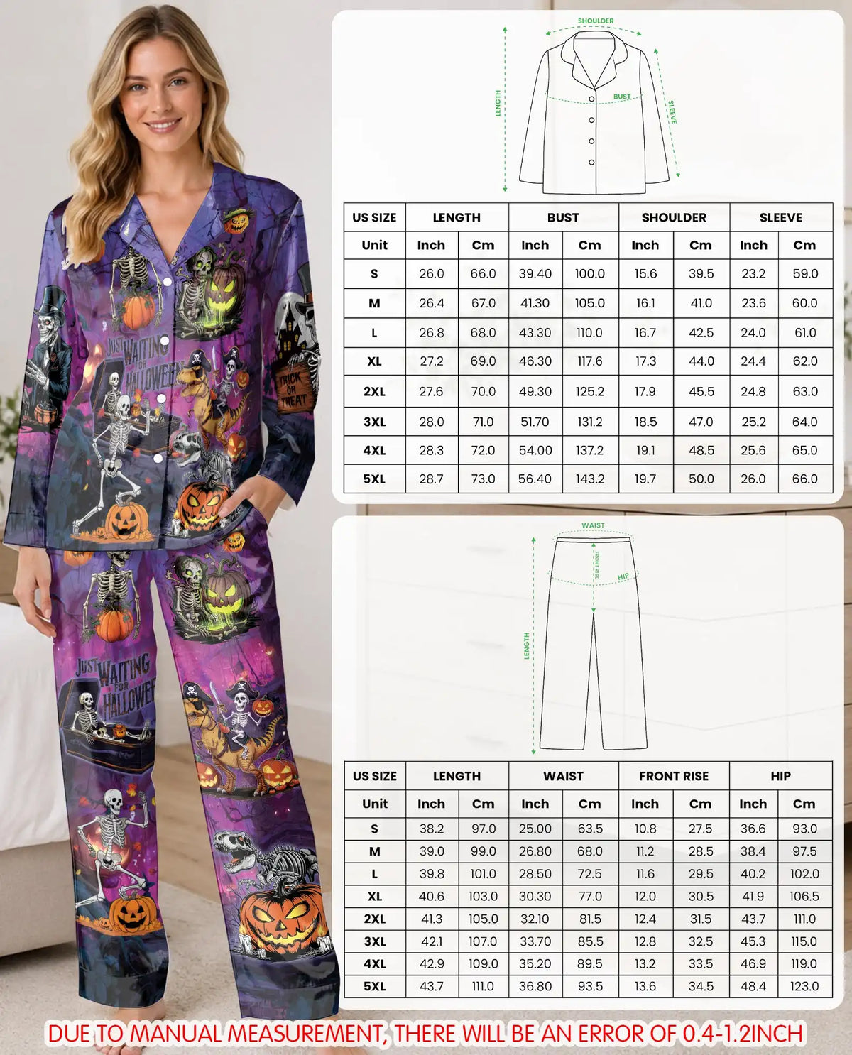 Skeleton Halloween Pajama Set for Women, Spooky Pumpkin Holiday Sleepwear