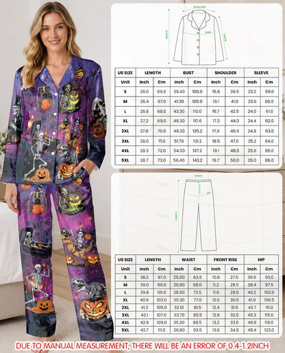 Skeleton Halloween Pajama Set for Women, Spooky Pumpkin Holiday Sleepwear