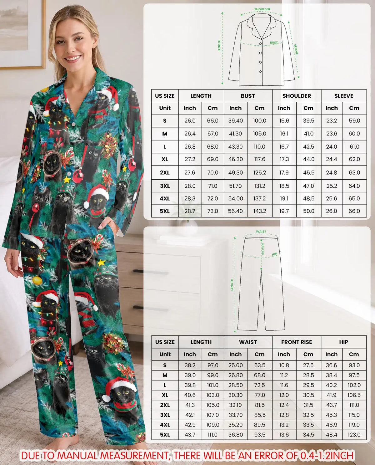 Black Cat Christmas Pajama Set for Women – Santa Hats & Festive Kittens Print