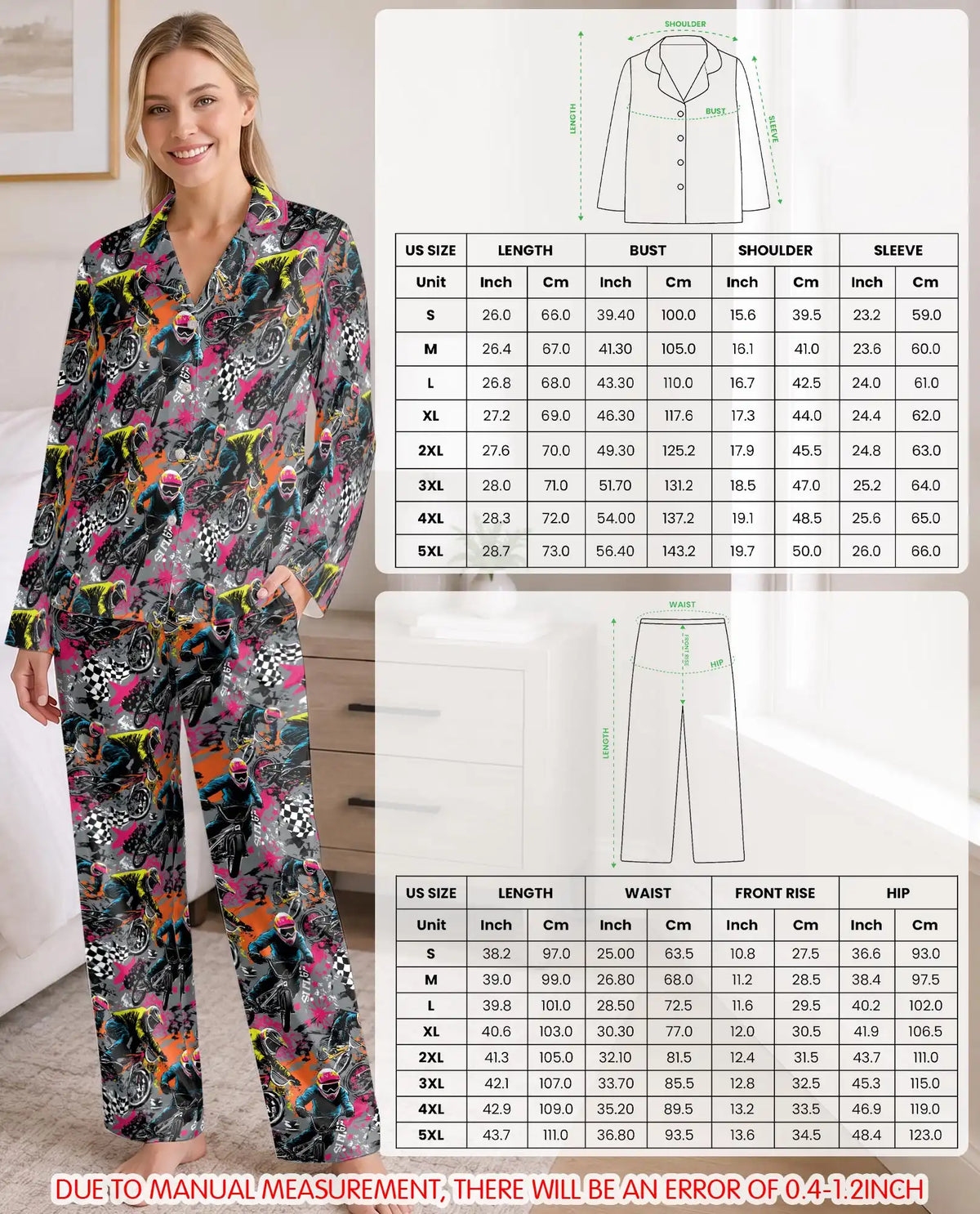 Motocross Dirt Bike Pajama Set for Women – Neon Graffiti Racing Print