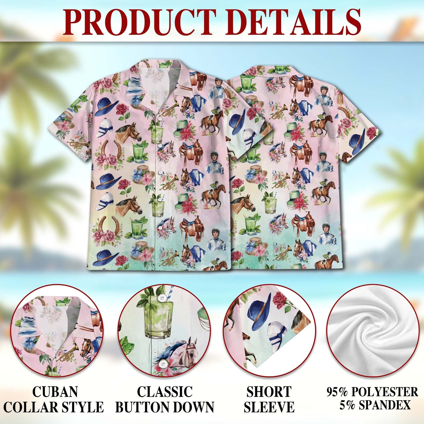 Watercolor Horse Racing Pattern Hawaiian Shirt for Men, Button Down Aloha Shirt - Azhawaiian