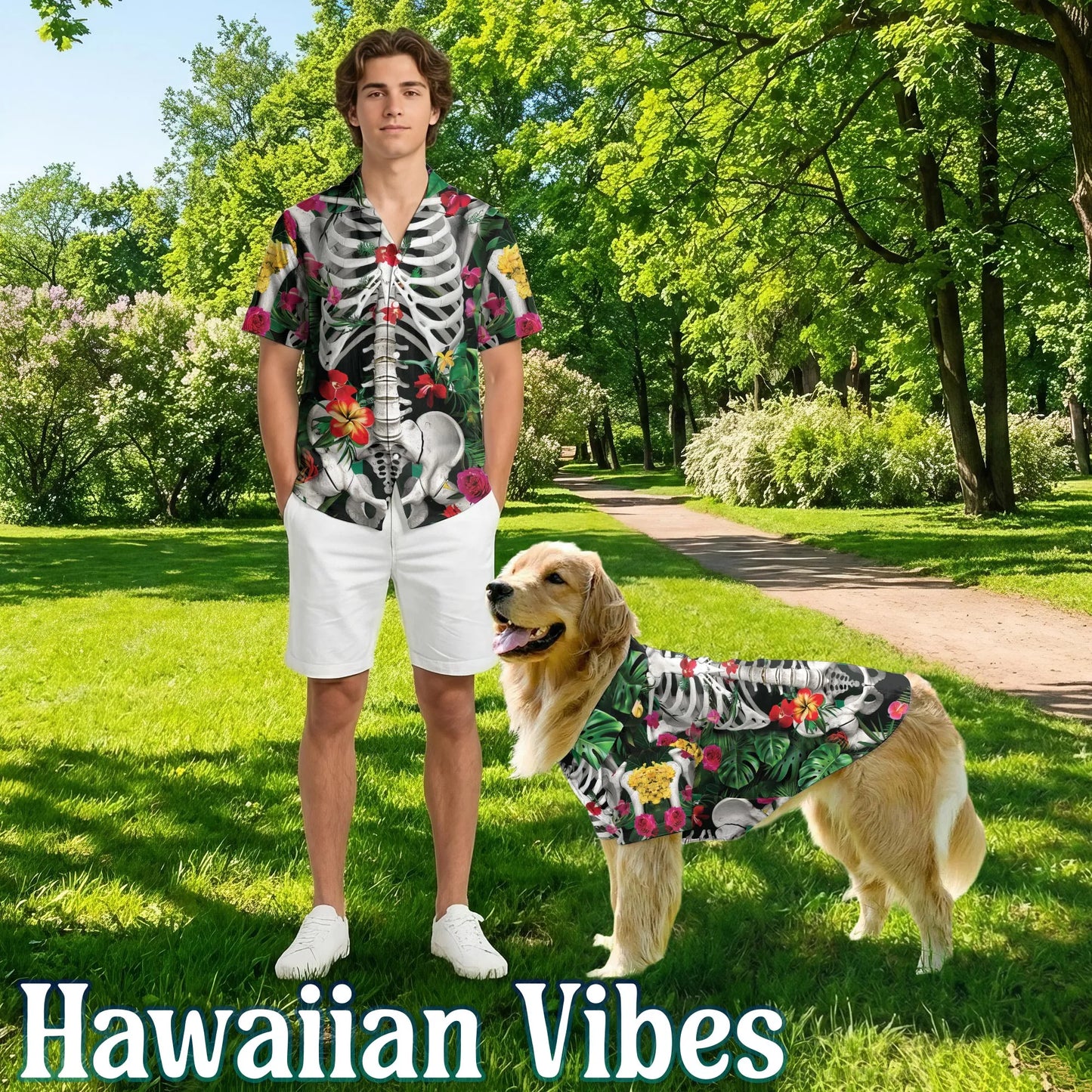Skeleton Spooky Floral Tropical Beach Matching Dog Owner Hawaiian Shirts, Funny Pet Aloha Shirt for Beach Vacation - Azhawaiian