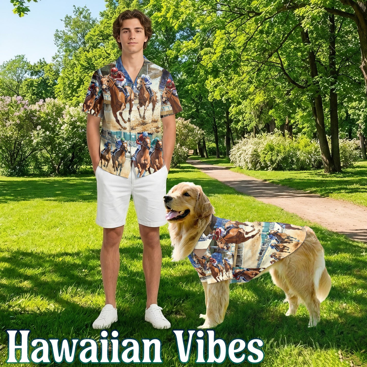 Horse Racing Matching Dog Owner Hawaiian Shirts, Funny Pet Aloha Shirt for Beach Vacation - Azhawaiian