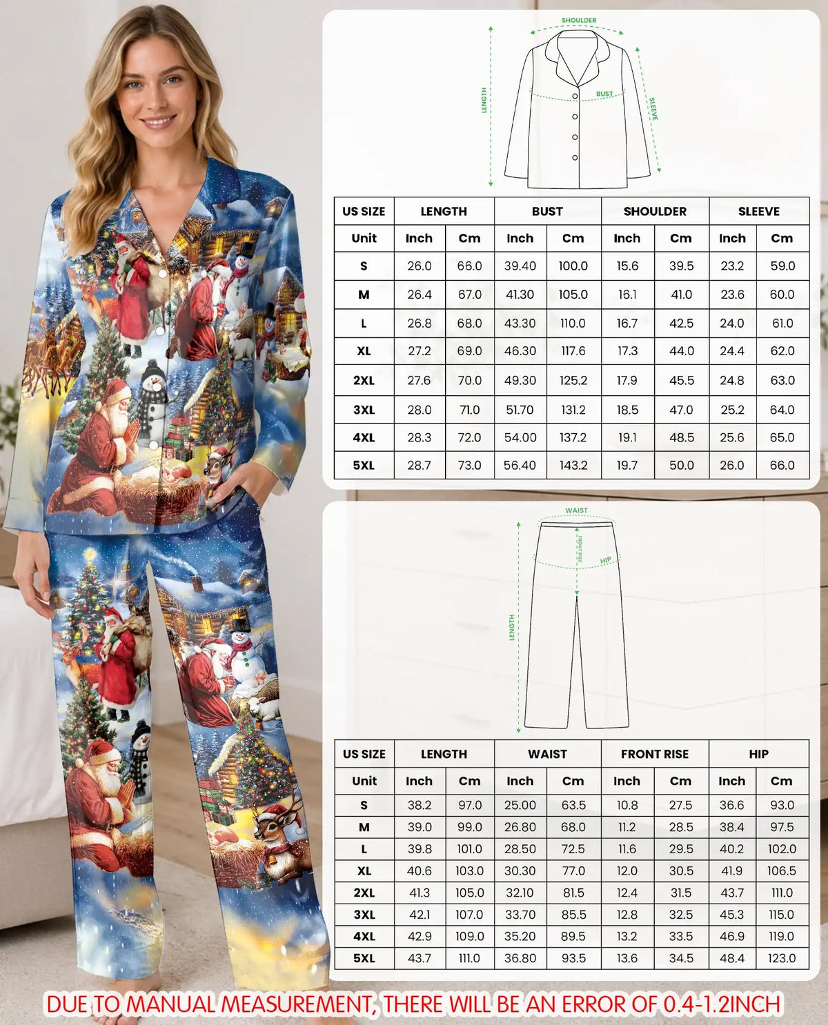Christmas Nativity Pajama Set for Women, Santa Holiday Sleepwear with Winter Design