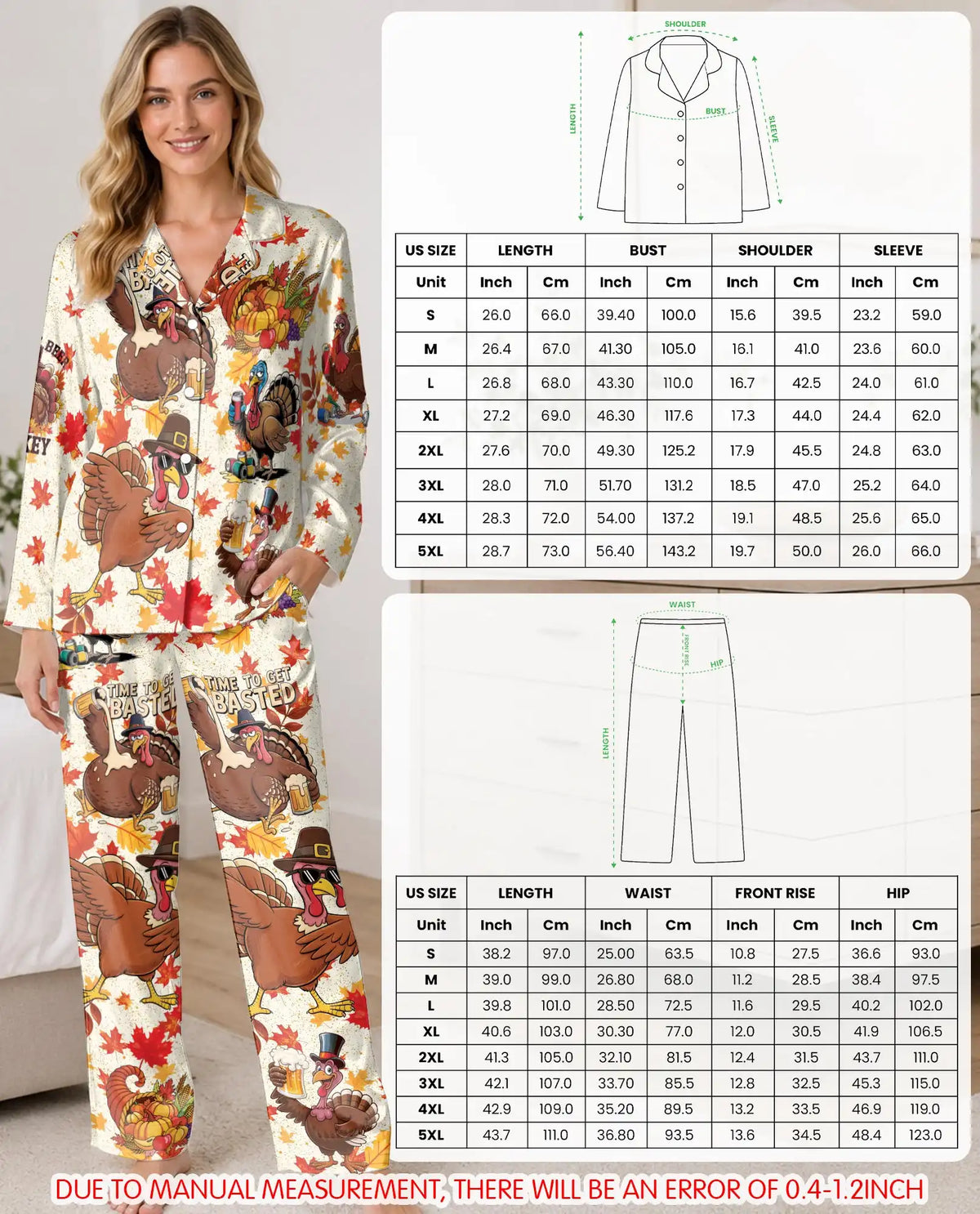 Funny Thanksgiving Turkey Pajama Set for Women – Beer & Fall Print