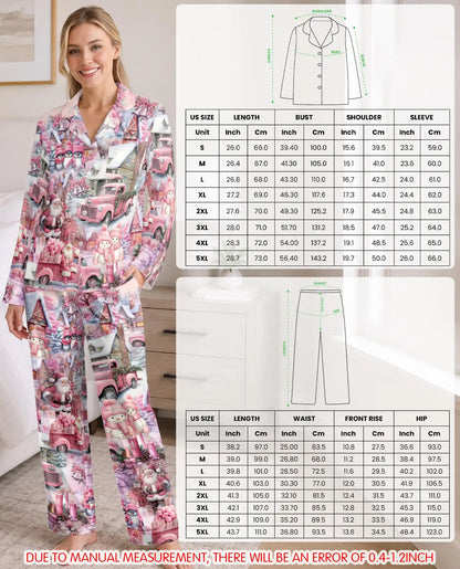 Pink Christmas Truck Pajama Set for Women – Santa & Snowman Print