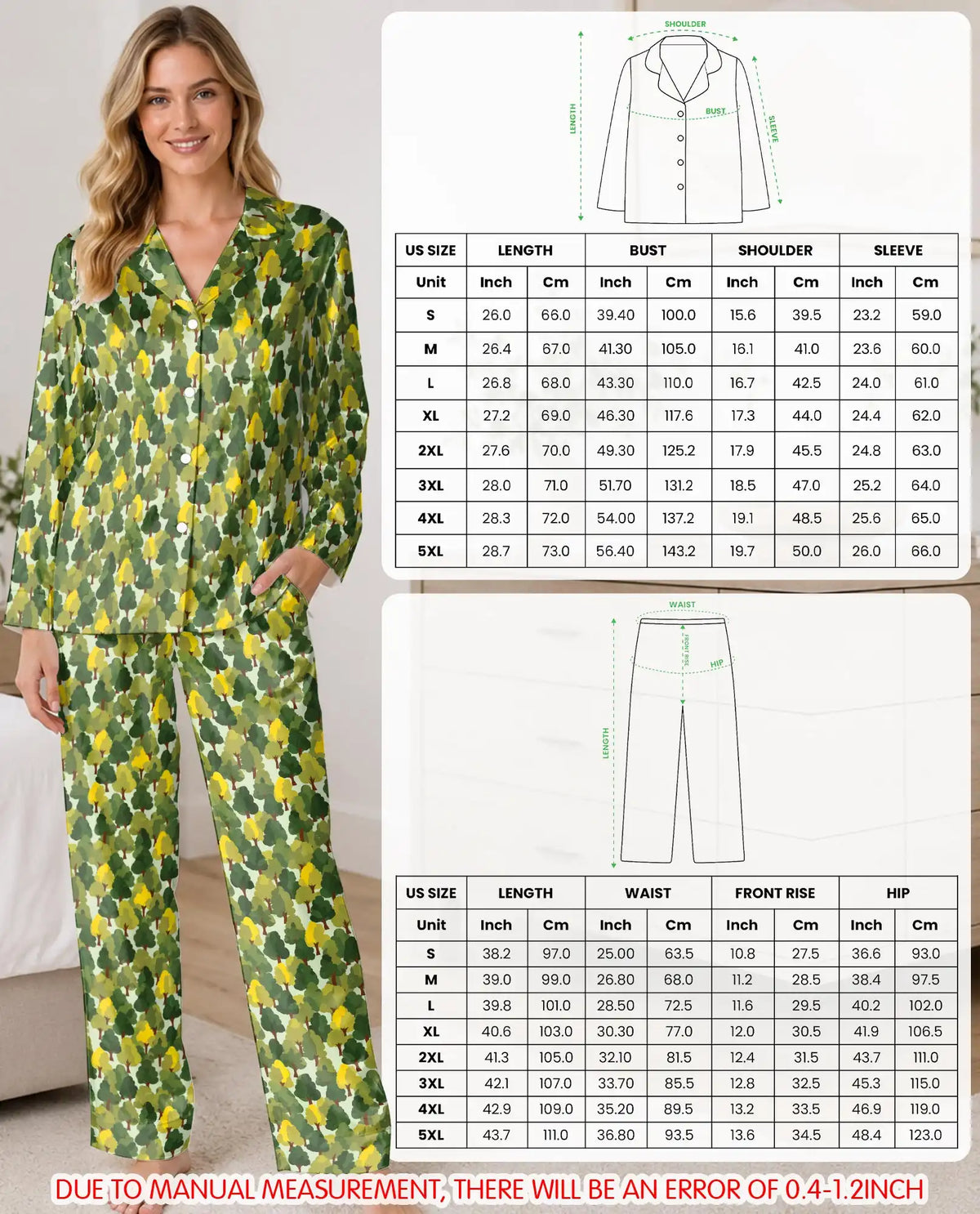 Woodland Tree Camo Pajama Set for Women – Green & Yellow Forest Print