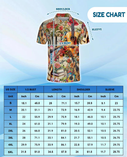 Vintage Flower Ukulele Polo Shirt for Men, Tropical Music Style | Azhawaiian