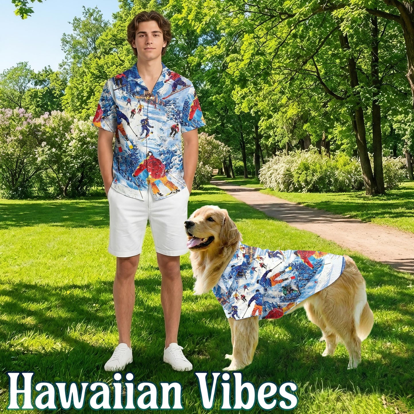 Vintage Skiing Matching Dog Owner Hawaiian Shirts, Funny Pet Aloha Shirt for Beach Vacation - Azhawaiian