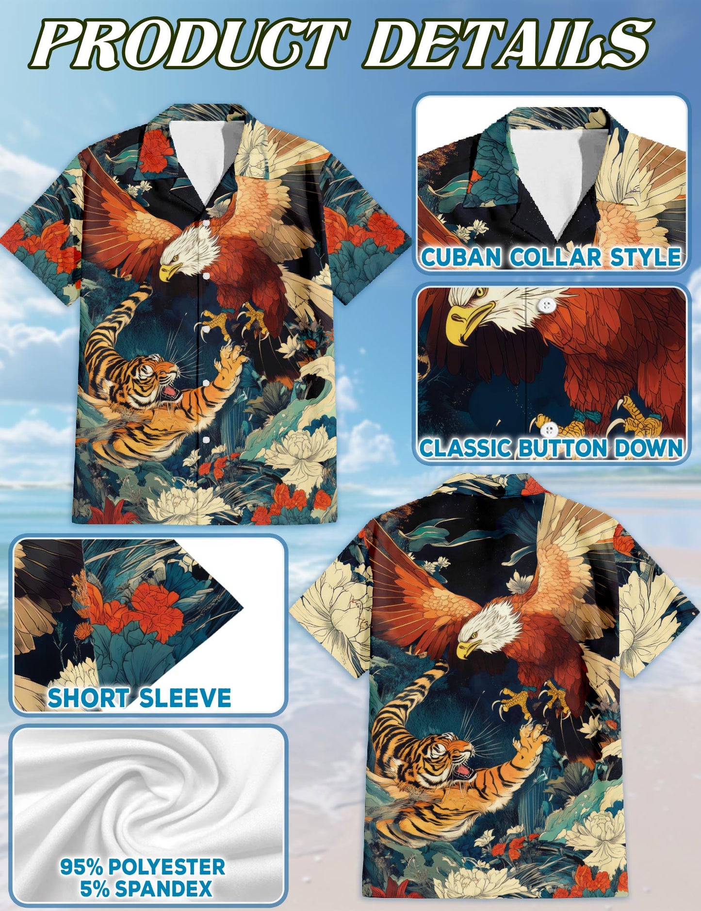 Eagle and Tiger Battle Hawaiian Shirt for Men, Button Down Aloha Shirt - Azhawaiian
