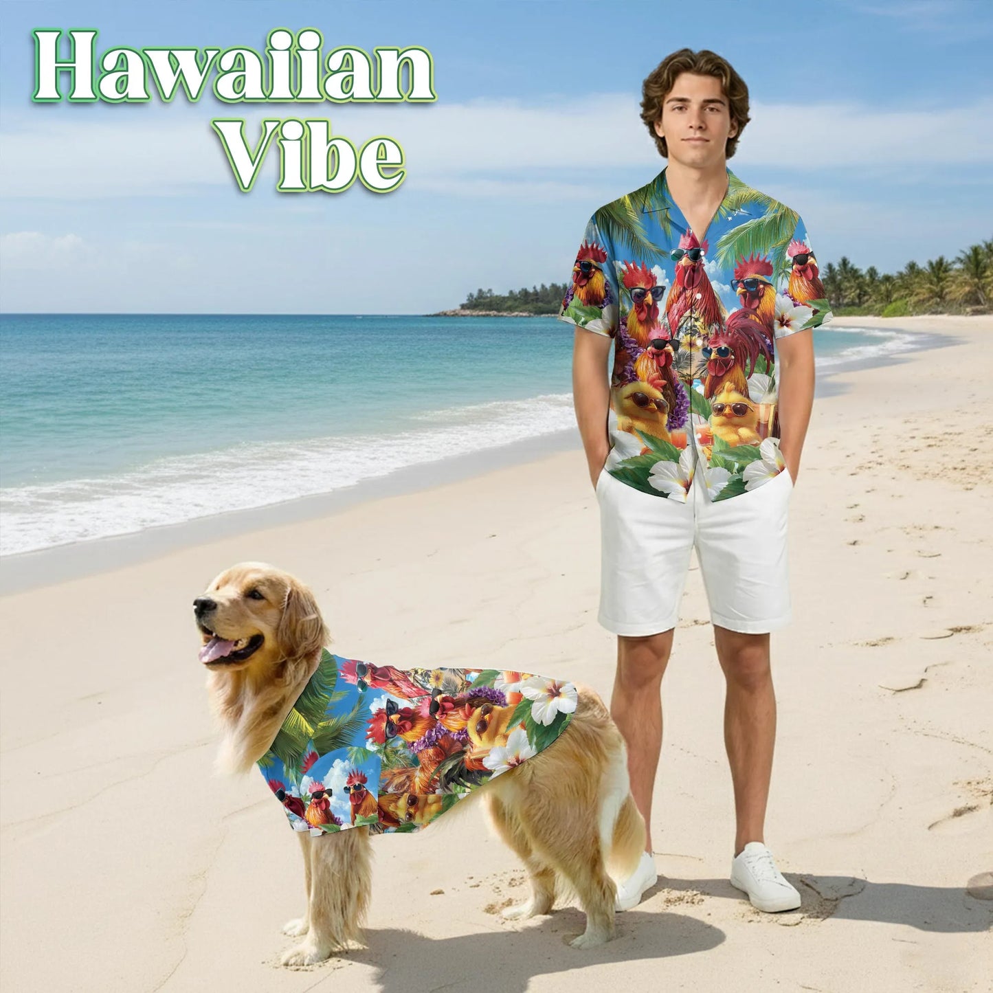 Chicken Wearing Sunglasses Print Matching Dog Owner Hawaiian Shirts, Funny Pet Aloha Shirt for Beach Vacation - Azhawaiian
