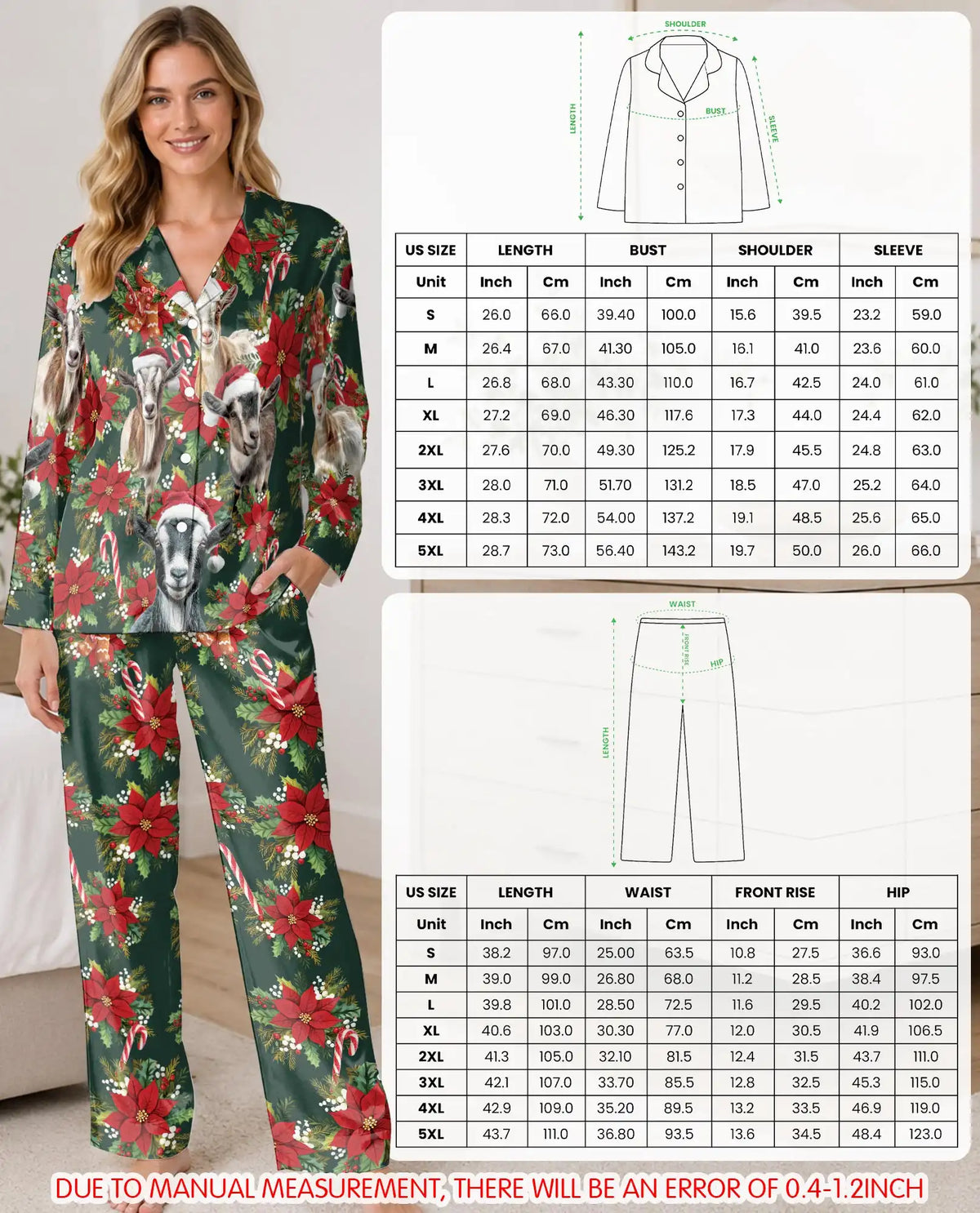 Christmas Goat Pajama Set for Women – Santa Hat & Poinsettia Print