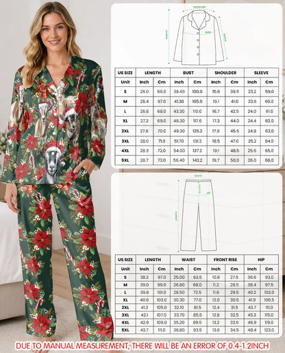 Christmas Goat Pajama Set for Women – Santa Hat & Poinsettia Print