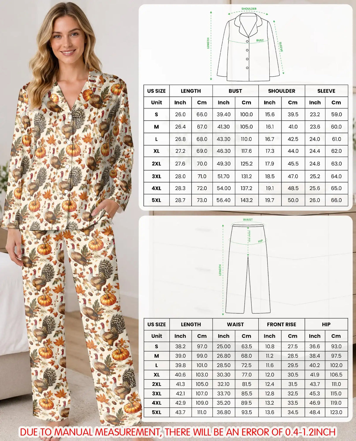 Vintage Thanksgiving Turkey Pajama Set for Women – Pumpkin Fall Print