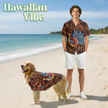 Folk Art Turkey Thanksgiving Pattern Matching Dog Owner Hawaiian Shirts, Funny Pet Aloha Shirt for Beach Vacation - Azhawaiian