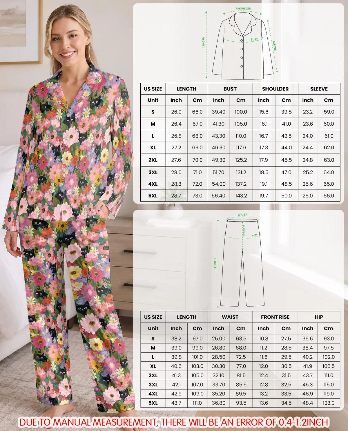 Black Cat Floral Pajama Set for Women – Colorful Wildflower Garden Print
