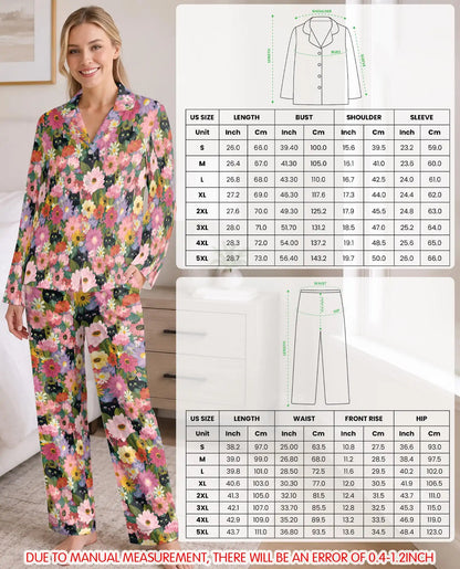 Black Cat Floral Pajama Set for Women – Colorful Wildflower Garden Print