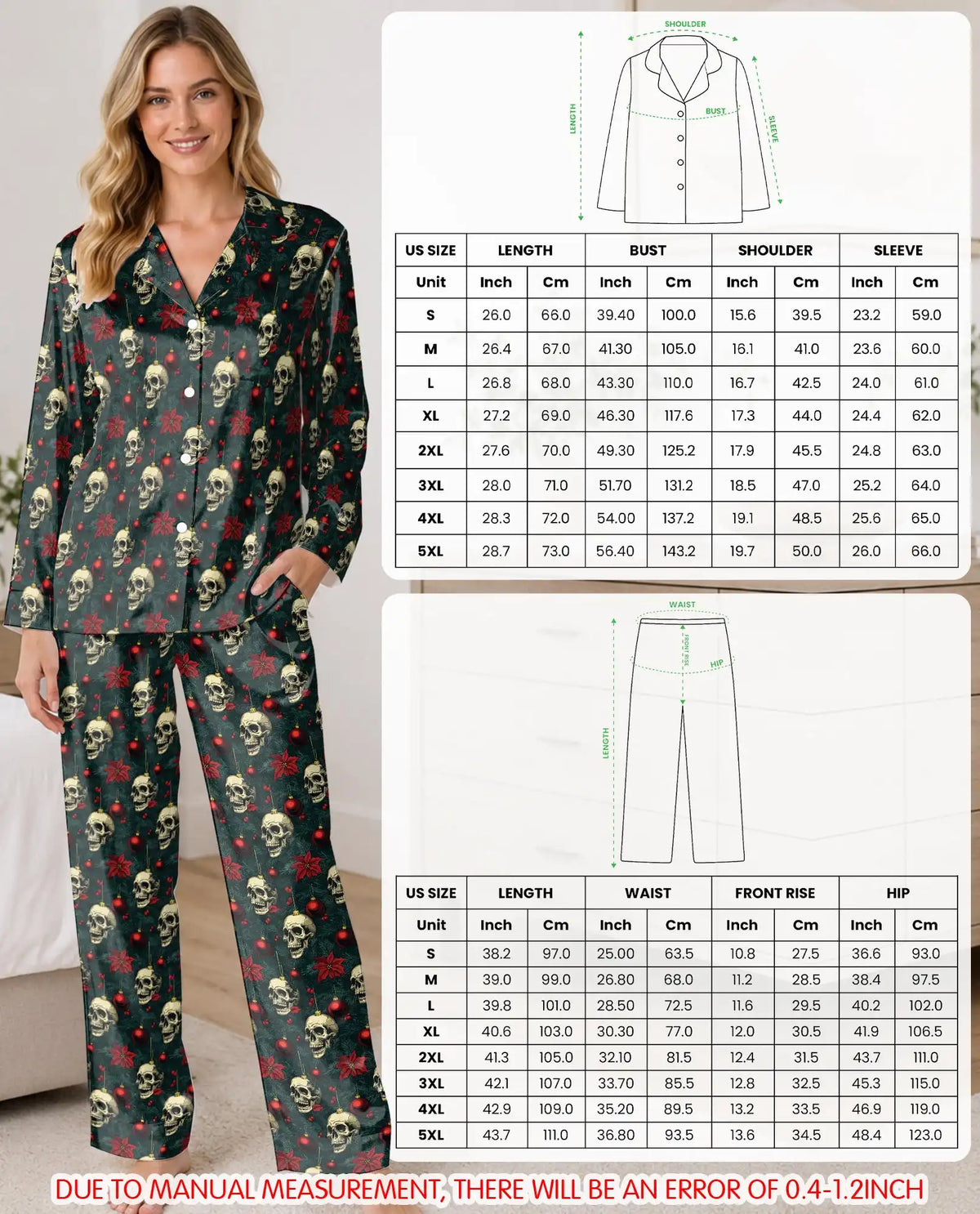Gothic Christmas Skull Pajama Set for Women – Gold Skull Print