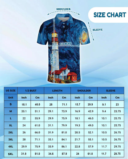 Lighthouse Starry Night Polo Shirt for Men, Coastal Art Style | Azhawaiian