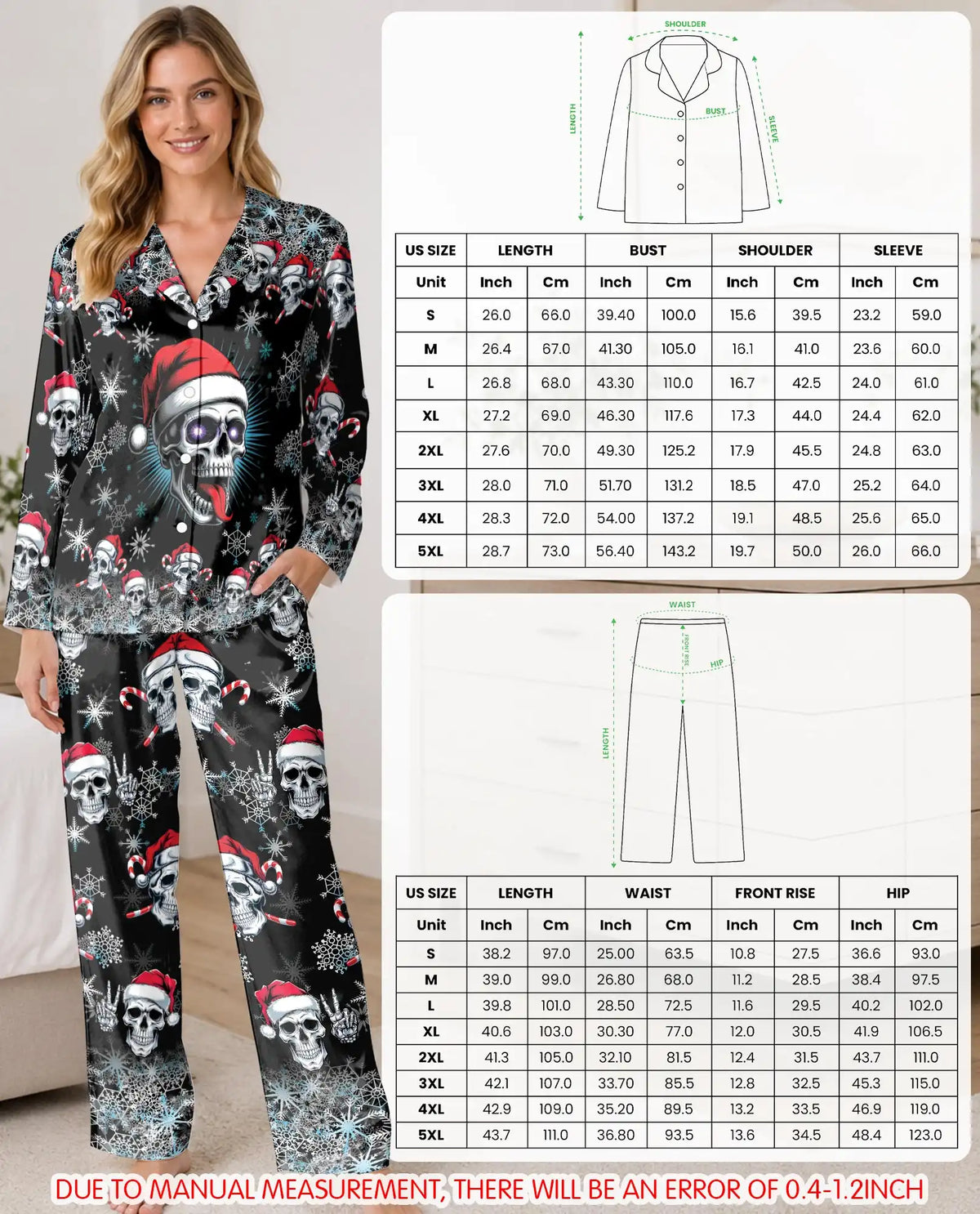 Christmas Skull Pajama Set for Women, Santa Skull Holiday Sleepwear with Winter Design