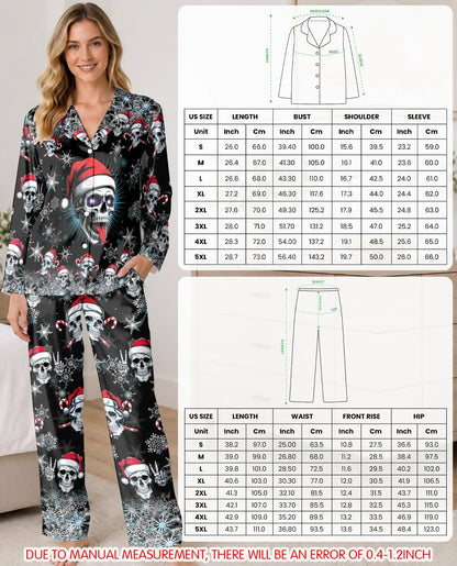 Christmas Skull Pajama Set for Women, Santa Skull Holiday Sleepwear with Winter Design