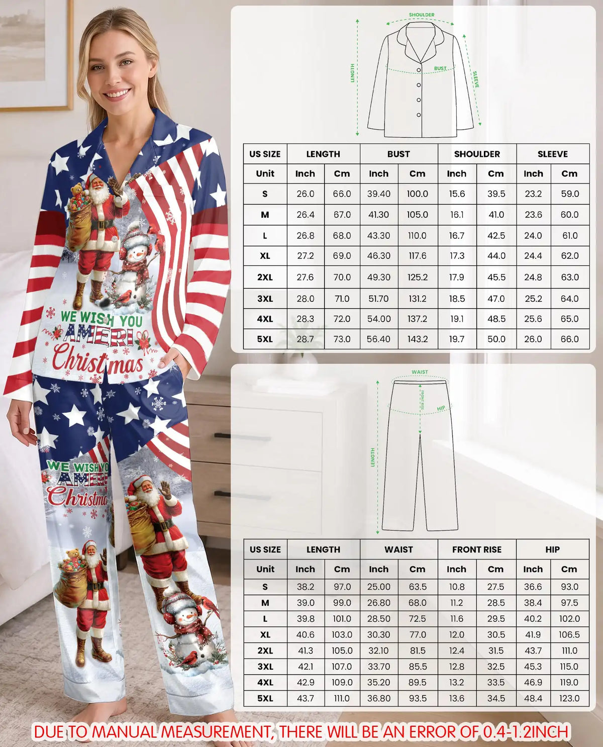 Patriotic Santa Christmas Pajama Set for Women – American Flag & Snowman Print