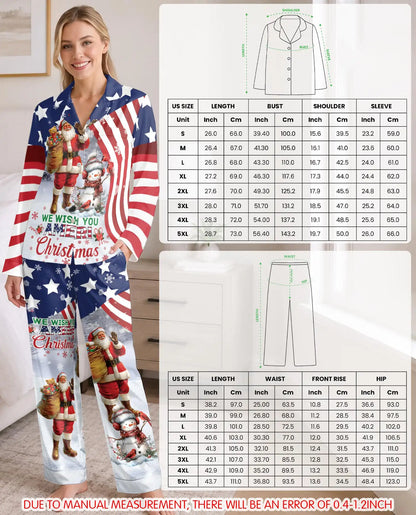 Patriotic Santa Christmas Pajama Set for Women – American Flag & Snowman Print