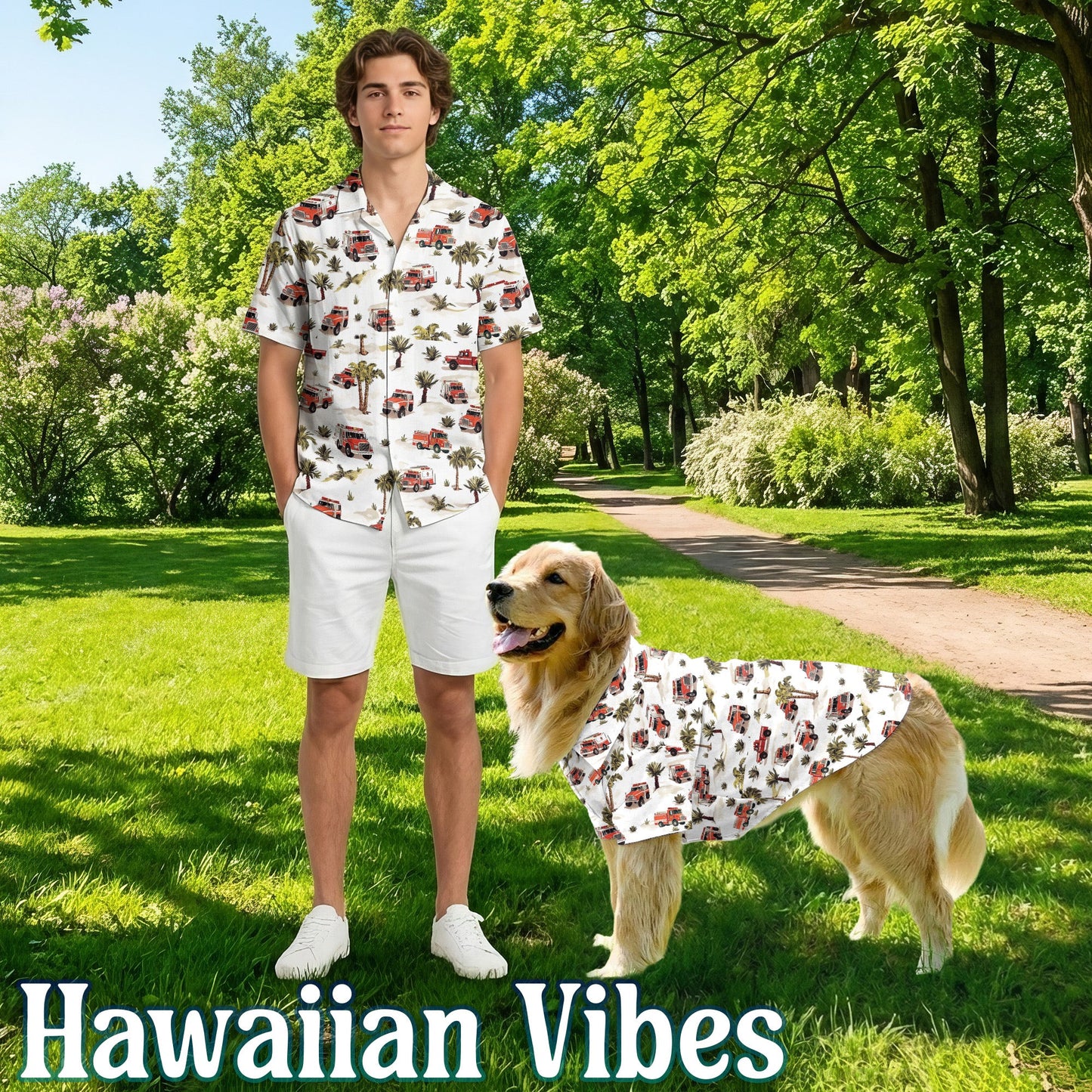 Fire Truck Matching Dog Owner Hawaiian Shirts, Funny Pet Aloha Shirt for Beach Vacation - Azhawaiian