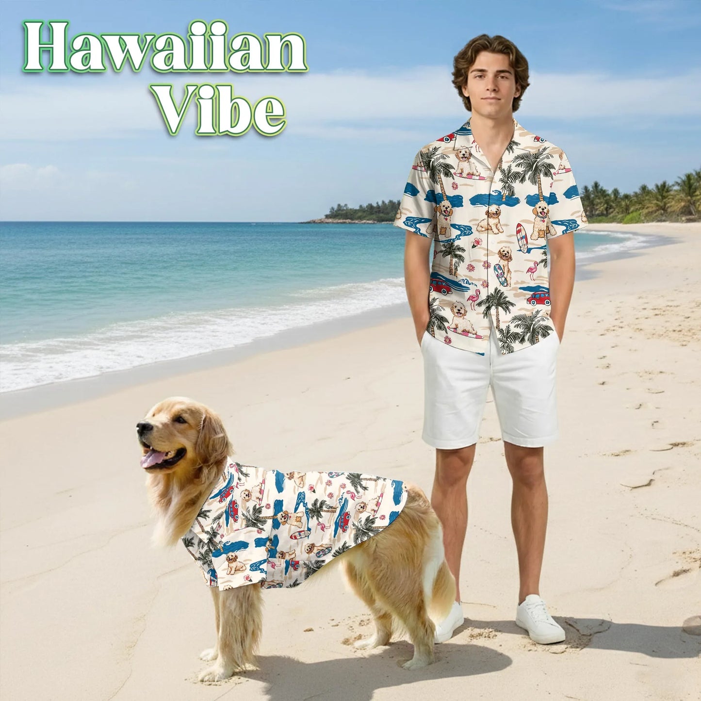 Goldendoodle Tree Beach Print Matching Dog Owner Hawaiian Shirts, Funny Pet Aloha Shirt for Beach Vacation - Azhawaiian