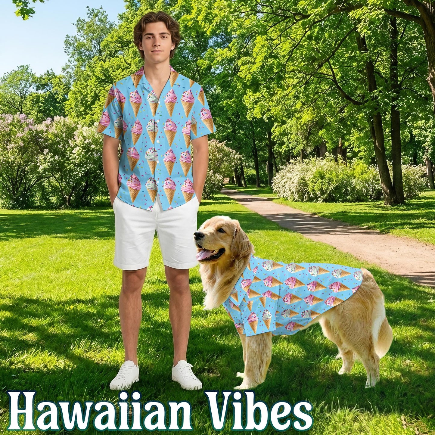 Ice Cream Matching Dog Owner Hawaiian Shirts, Funny Pet Aloha Shirt for Beach Vacation - Azhawaiian