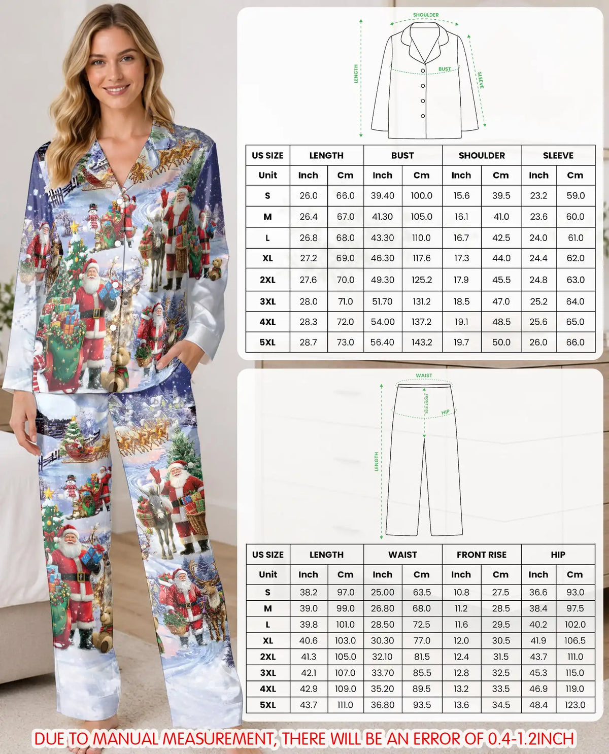 Santa and Reindeer Christmas Pajama Set for Women – Snowy Holiday Print