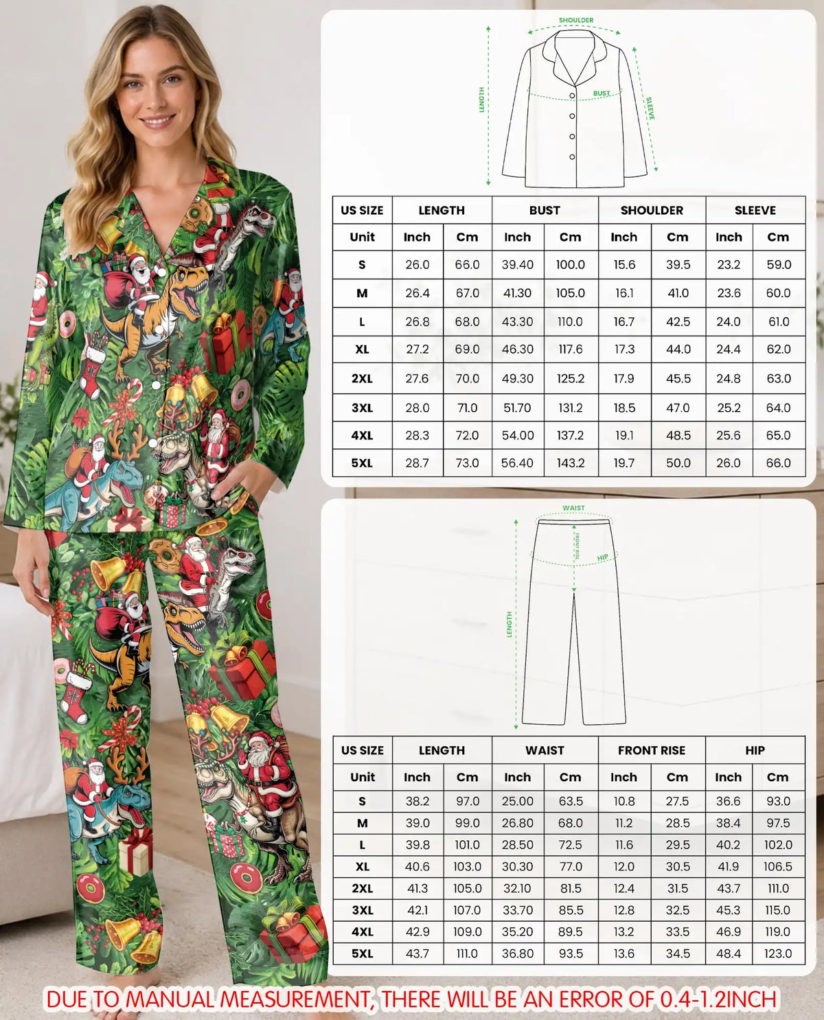 Santa Dinosaur Christmas Pajama Set for Women – T-Rex Holiday Print