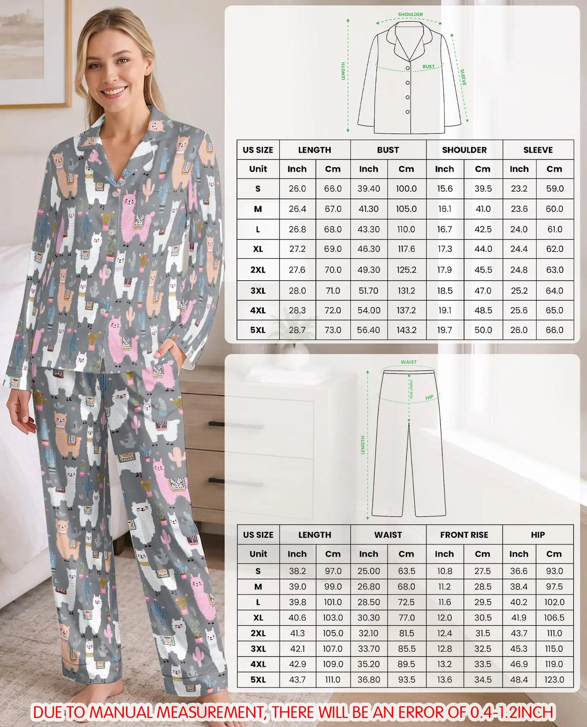 Cute Llama Pajama Set for Women – Pastel Alpaca & Cactus Print