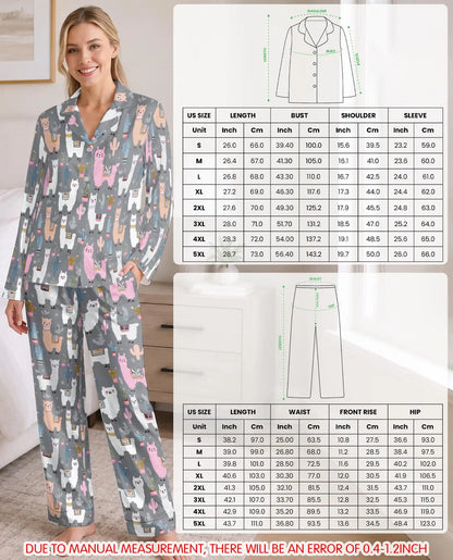 Cute Llama Pajama Set for Women – Pastel Alpaca & Cactus Print