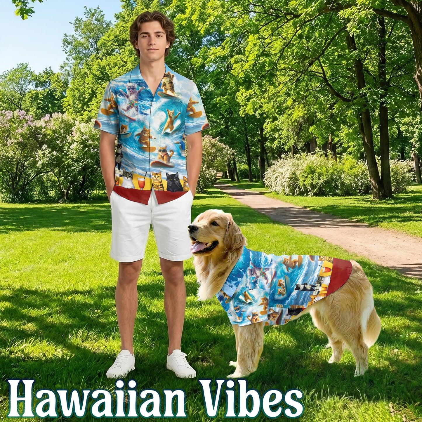 Cat Surfing Matching Dog Owner Hawaiian Shirts, Funny Pet Aloha Shirt for Beach Vacation - Azhawaiian