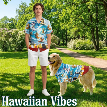 Cat Surfing Matching Dog Owner Hawaiian Shirts, Funny Pet Aloha Shirt for Beach Vacation - Azhawaiian