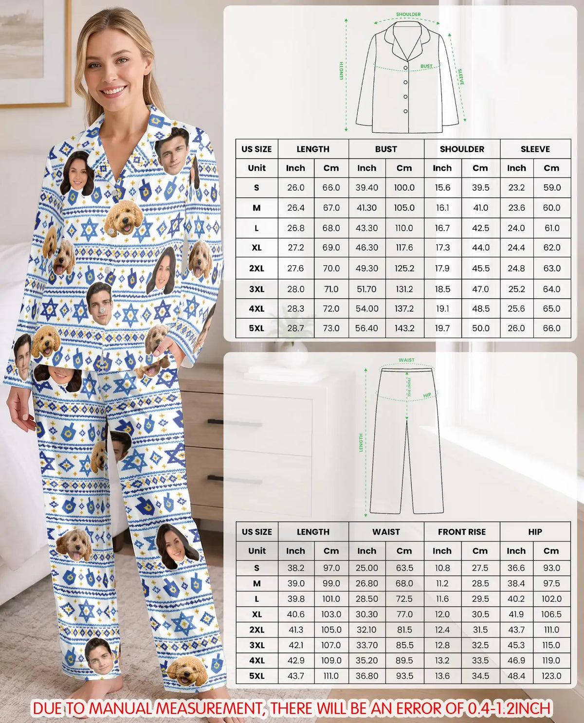 Personalized Hanukkah Star of David Pajamas for Women – Custom Face & Pet Photo Print