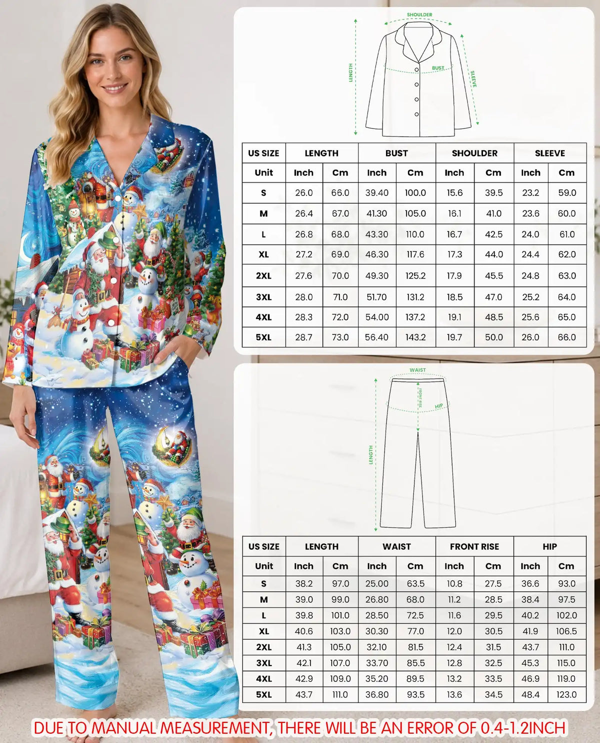Winter Wonderland Christmas Pajama Set for Women, Santa Snowman Holiday Sleepwear