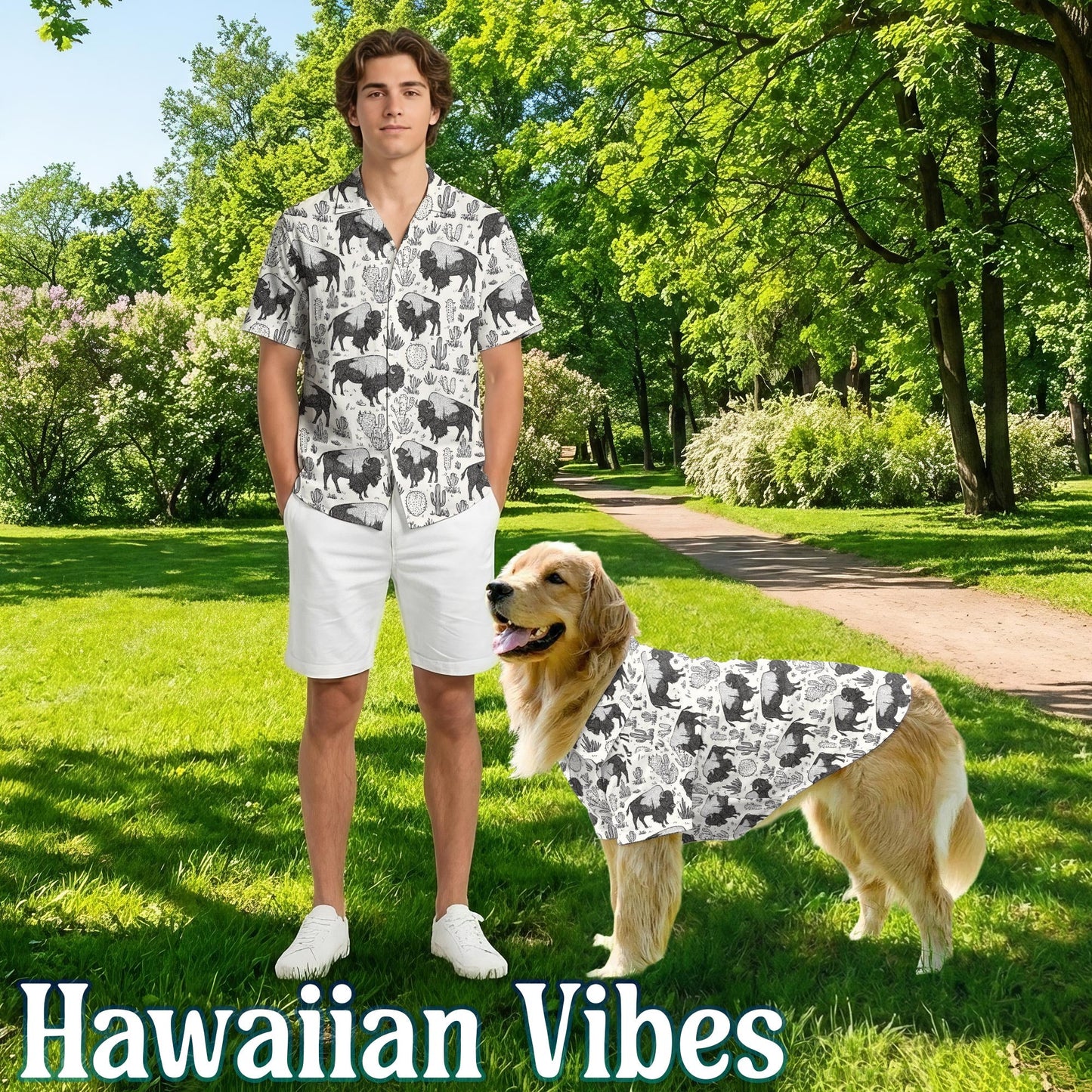 Bison Theme Matching Dog Owner Hawaiian Shirts, Funny Pet Aloha Shirt for Beach Vacation - Azhawaiian