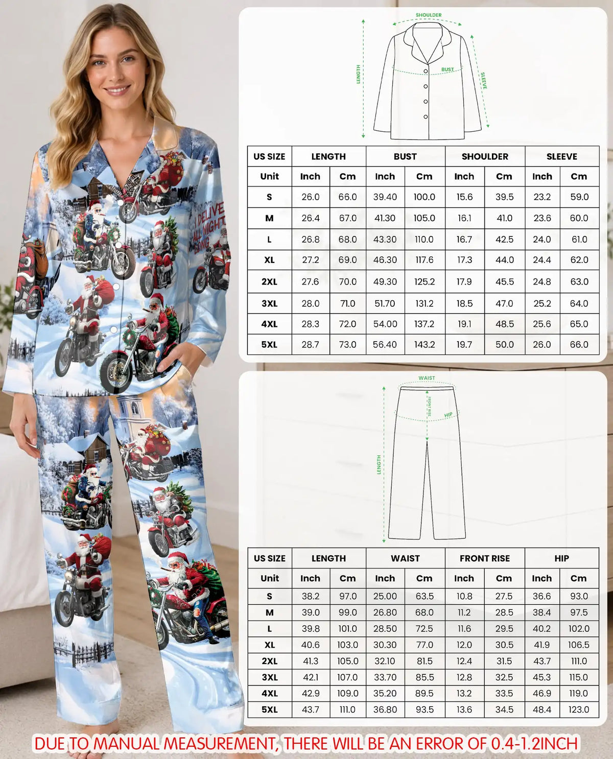 Santa Motorcycle Christmas Pajama Set for Women, Funny Holiday Winter Sleepwear