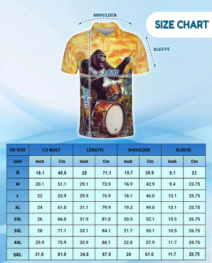 Gorilla Drummer Polo Shirt, Funny Music Style | Azhawaiian